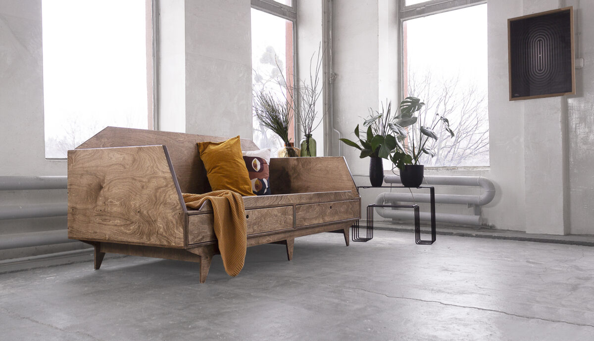 wood republic drewniana sofa leżanka łóżko z drewna ze sklejki do salonu do sypialni z szufladami