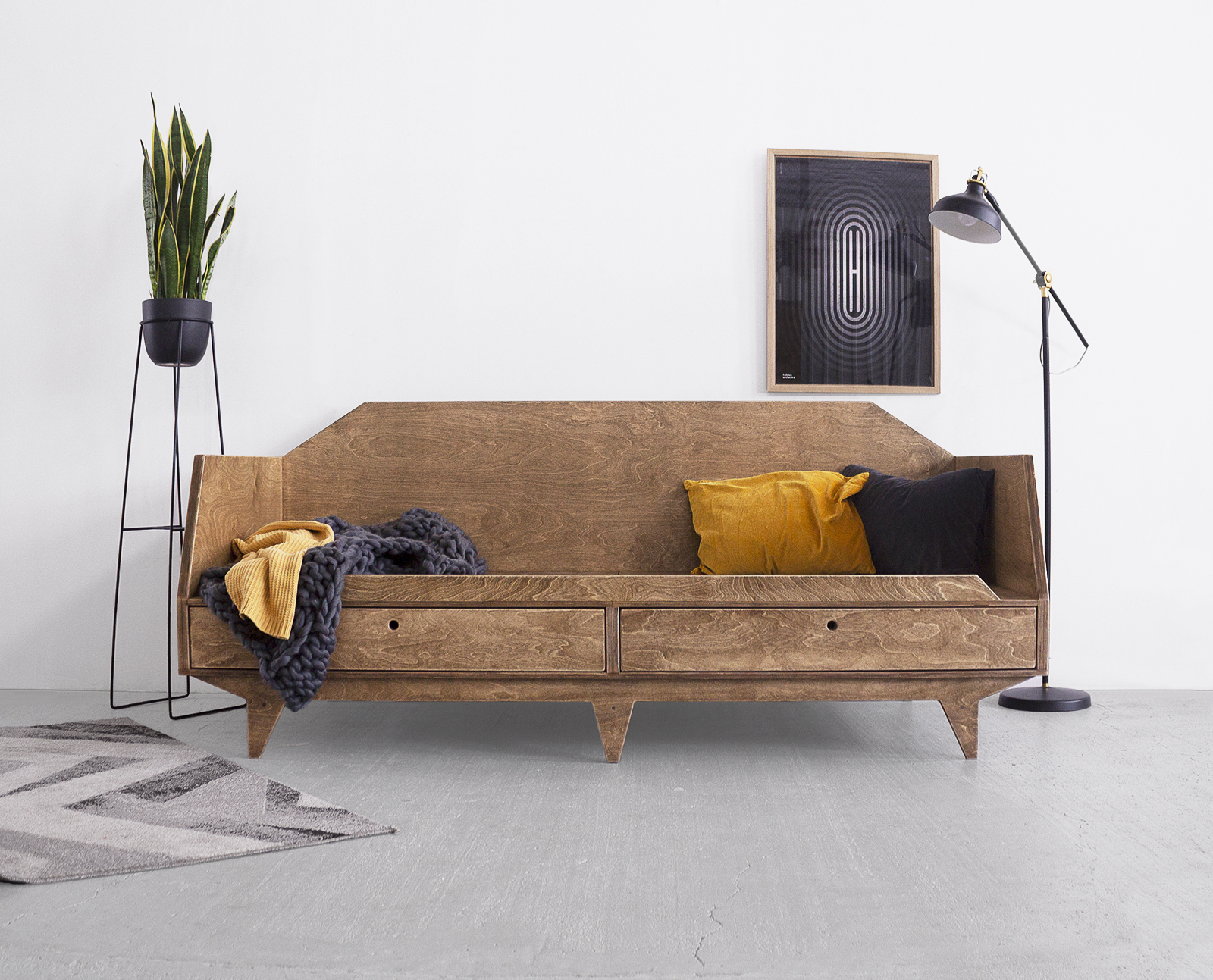 wood republic, plywood sofa, plywood bed, handmade, with drawers