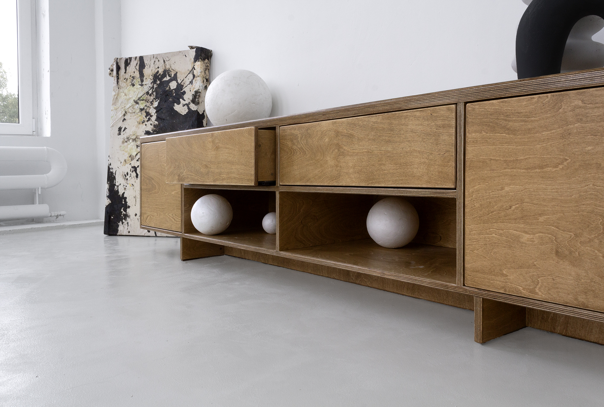 szafka rtv tv cabinet living room salon sklejka plywood japandi bauhaus minimal dąb