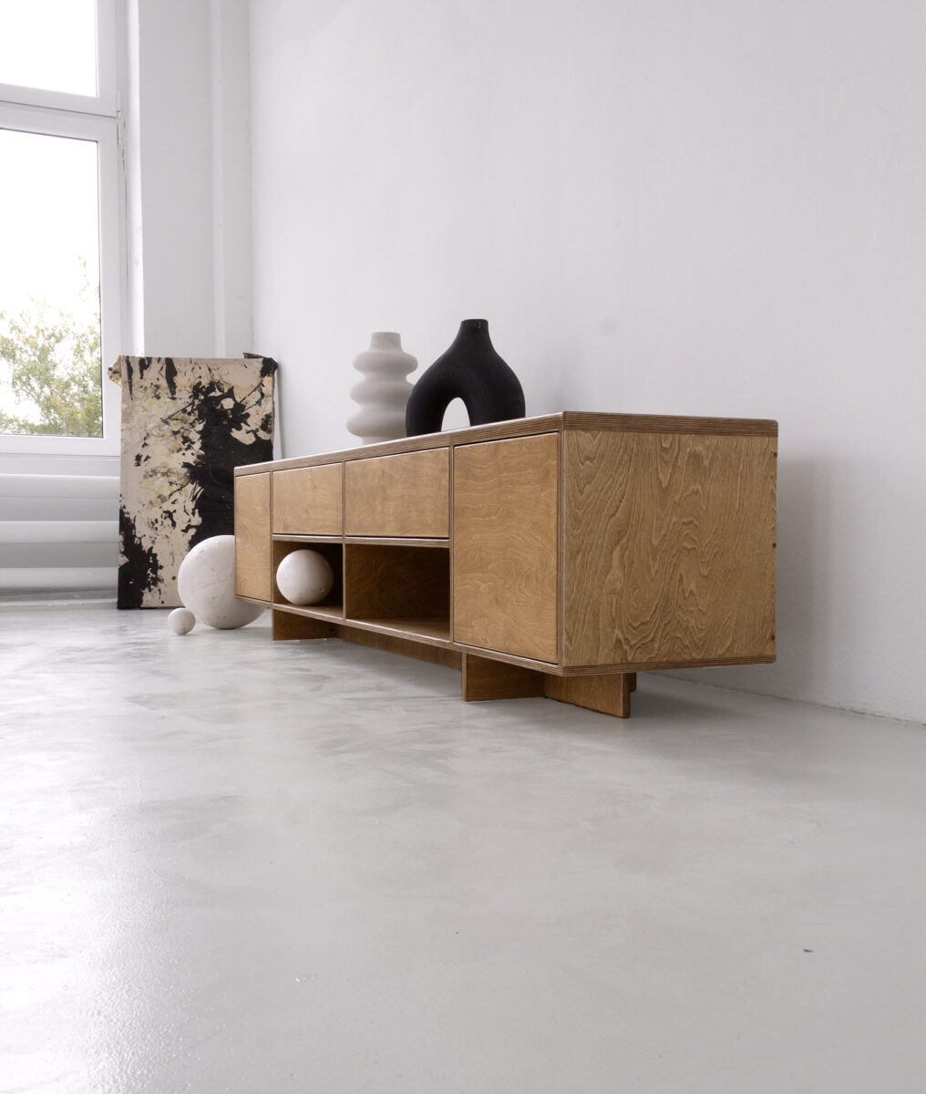 szafka rtv tv cabinet living room salon sklejka plywood japandi bauhaus minimal dąb
