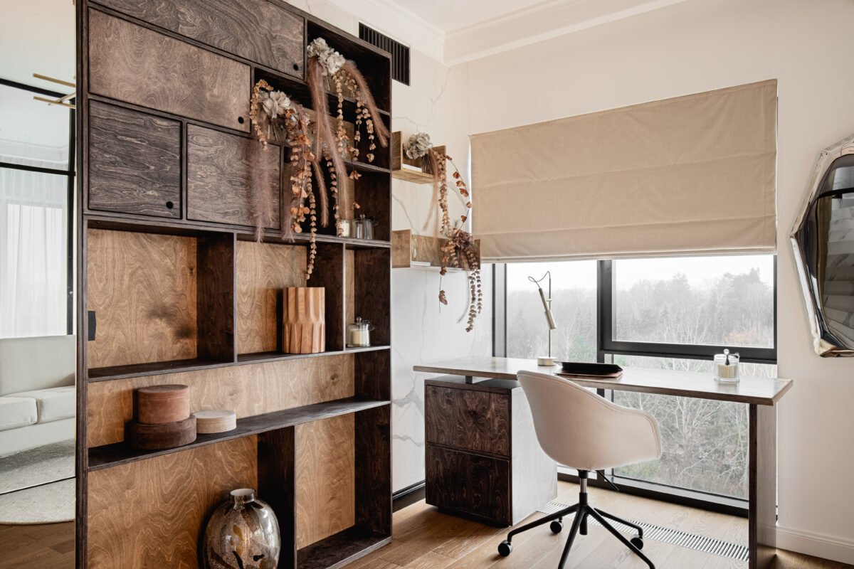 bookshelf desk home office biurko sklejka sklejki plywood biuro biurowe meble furniture minimal japandi