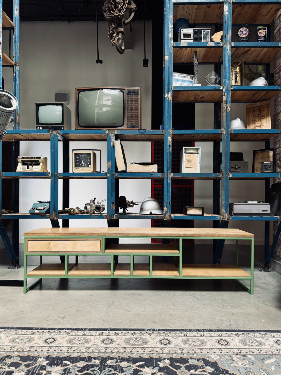 szafka rtv metal sklejka plywood tv unit cabinet loft loftowy minimal