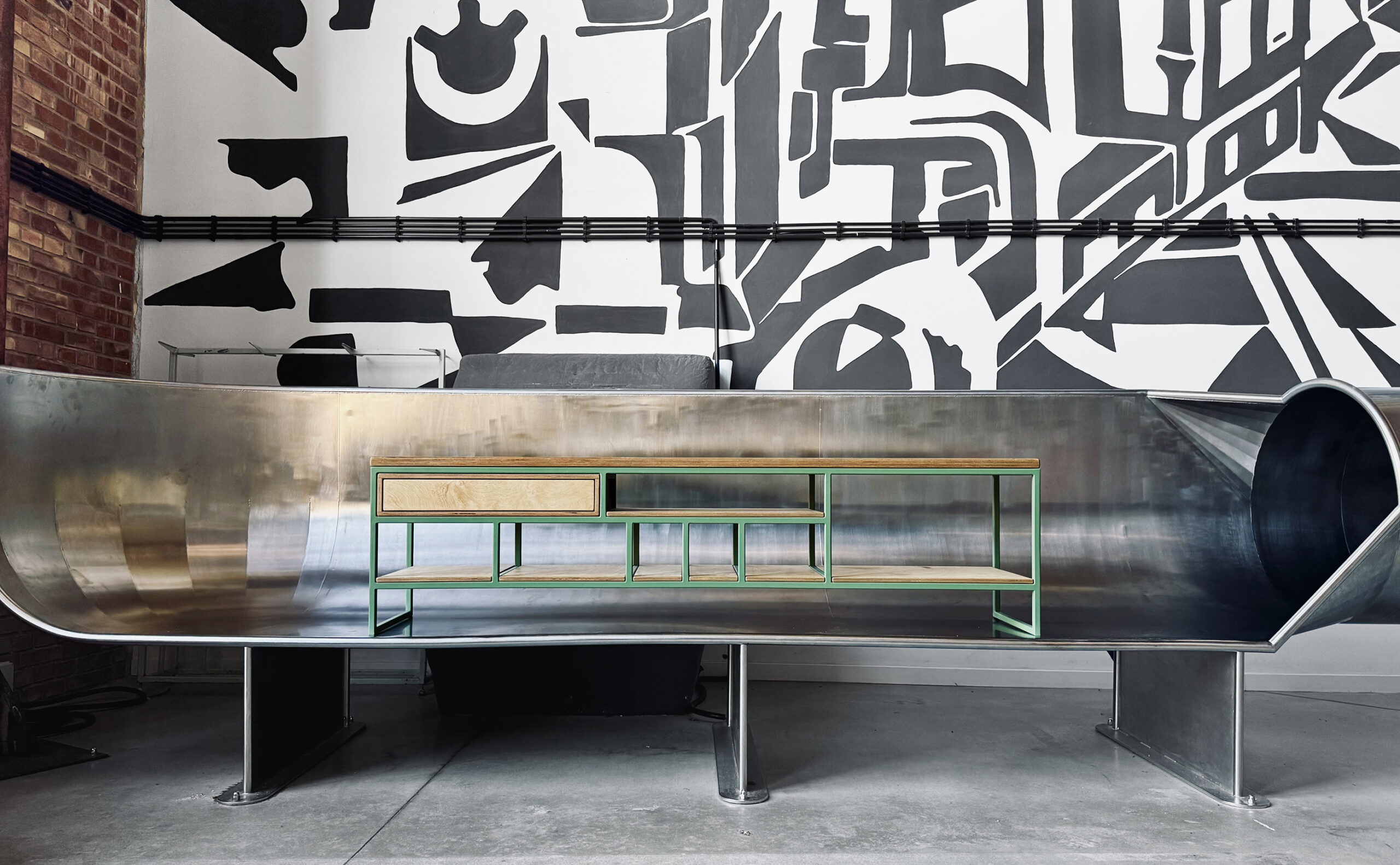 szafka rtv metal sklejka plywood tv unit cabinet loft loftowy minimal
