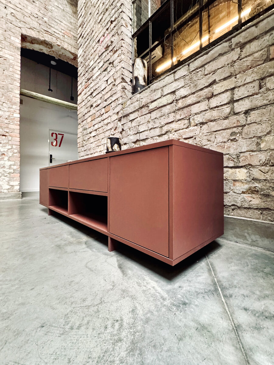 japandi minimal tv unit szafka rtv cabinet living room terakota płyta terracota